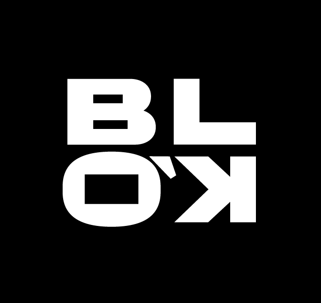 Logo blanc de BLOK sur fond noir